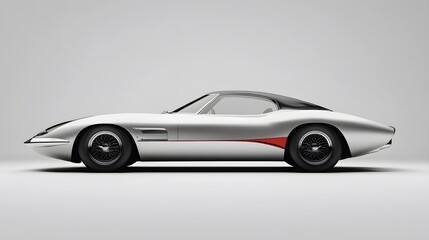 Minimal white background with a sleek silver car sharp lines and subtle retro design elements