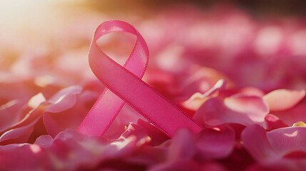 pink awareness ribbon elegantly placed on a soft rose background, symbolizing hope, solidarity, and the fight against breast cancer, evoking compassion and support for survivors and their families