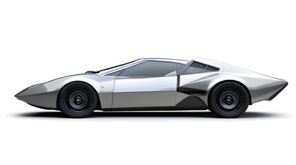 Car with sleek silver body futuristic sharp lines and retro geometric shapes on a white background