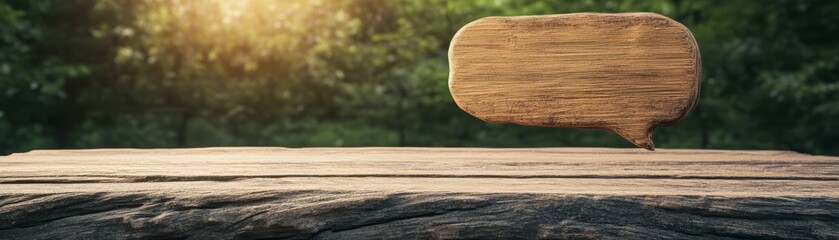 Wooden speech bubble on rustic table in natural sunlight, forest background.