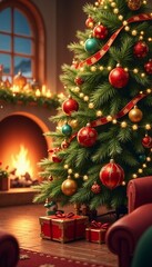 cozy Christmas tree with decorations and presents near a fireplace