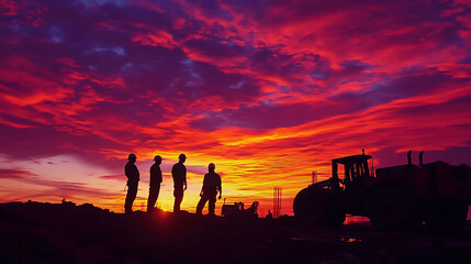 Four construction workers silhouetted against a vibrant sunset with a tractor in the foreground.