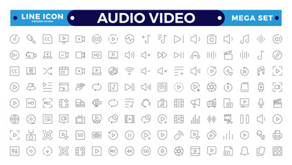 Audio and video web icons set in Outline design. Pack of camera movie, voice, radio, music streaming, photography, headphones, cinema, podcast, broadcasting, and others. Editable stroke outline icon.
