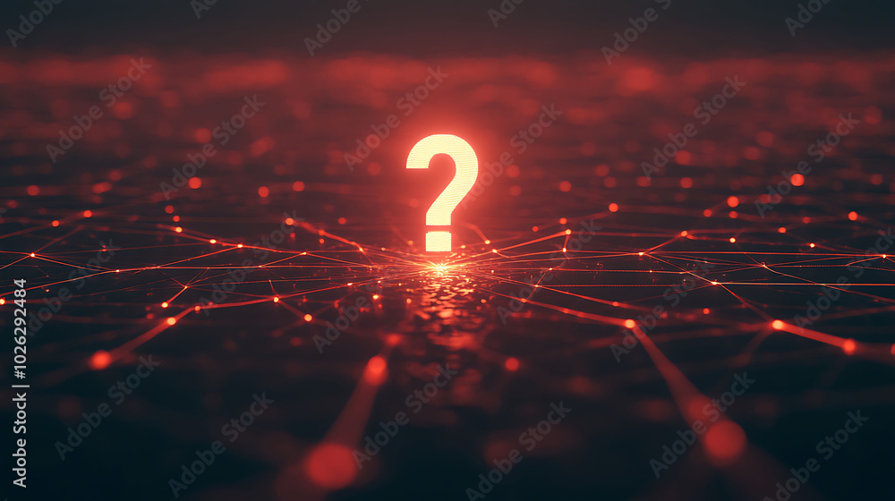 Poster a glowing question mark sits on a network of red lines against a dark background.