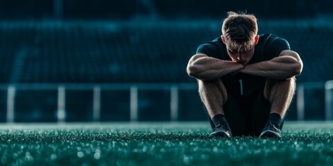 soccer athlete is sitting contemplating on the field