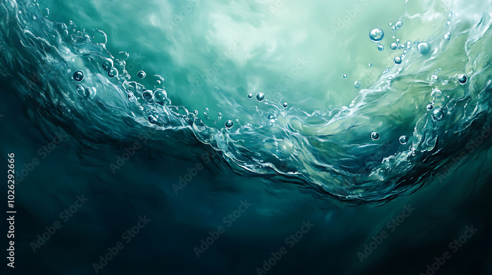 Poster abstract underwater scene with a wave breaking the surface and bubbles rising up towards the light.