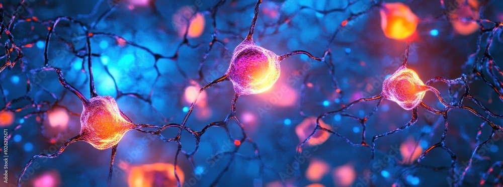 Aufkleber microscopic view of a neuron cell with dendrites, axons and synapses glowing with light.