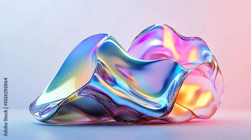 Poster abstract iridescent liquid shape with vibrant colors and smooth, flowing forms against a soft gradie