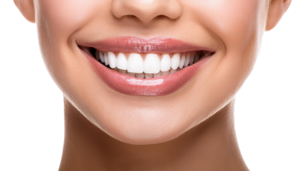 Smiling female mouth with shiny healthy white teeth  on transparent background