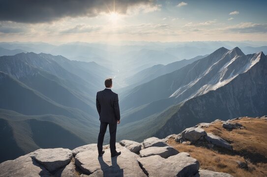 Man in suit looking out over panoramic mountain landscape