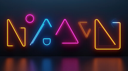 Bright neon geometric shapes and symbols in various colors on a dark background, including circles, triangles, and lines, creating a modern and abstract visual design.