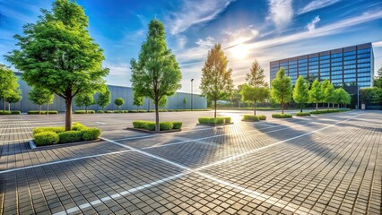 Modern style parking lot with green trees and paving blocks