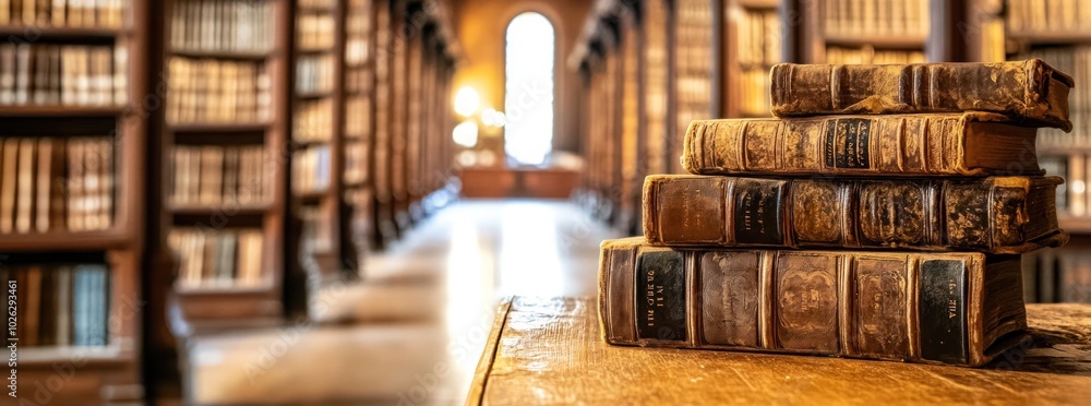 Poster stack of old books in a library with blurred bookshelves in the background.