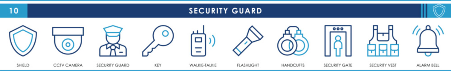 A set of line icons related to Security Guard. Security, shield, cctv camera, gate, vest, key, walkie-talkie, alarm, and so on. Vector editable stroke.