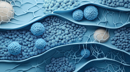 Obraz premium Abstract blue organic structure with spherical formations and textured surface resembling microscopic or cellular pattern
