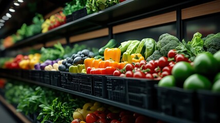Vibrant Supermarket Produce Aisle with Fresh Fruits and Vegetables.