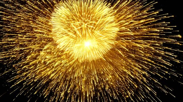 4K Gold Explosion effect Festive Fireworks Isolated on black background. 