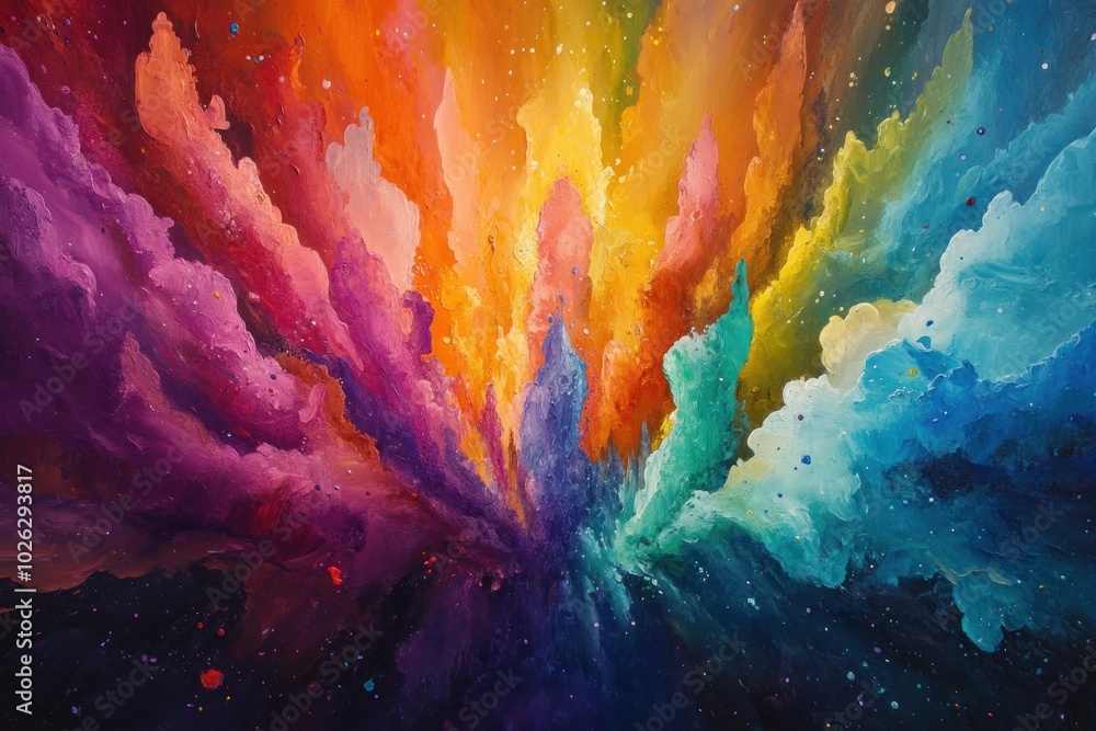 Poster abstract background of colorful paint splatter on a dark background with white dots resembling stars
