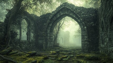 Obraz premium Overgrown Stone Archway Leading into a Misty Forest