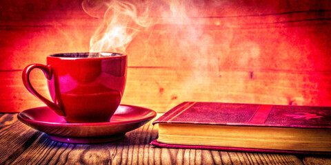 Naklejka premium A steaming cup of coffee sits on a wooden table beside a closed book with a red cover. Warm tones and a cozy atmosphere are created by the rich colors of the background and objects.AI generated.