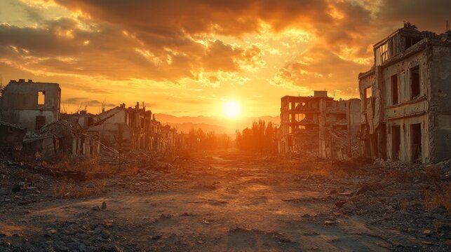 A desolate landscape with a sun setting in the background