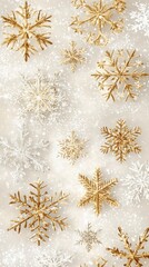 Elegant Christmas background with gold and white snowflakes in a festive snowfall pattern