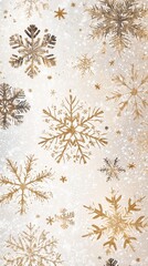Festive Christmas background with gold and white snowflakes creating a winter wonderland atmosphere