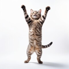 A playful cat stands on its hind legs with paws raised, showcasing its energetic personality.