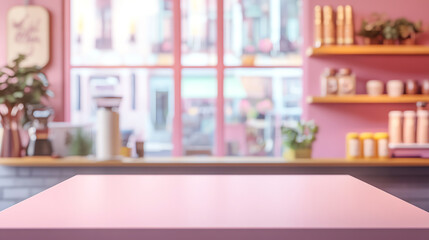 Cozy pink kitchen with a wooden table, colorful shelves, and a large window view. Ideal for home interior or culinary themes.