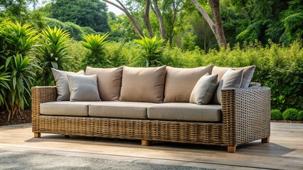 Modern wicker sofa in garden with three brown pillows and gray cushion