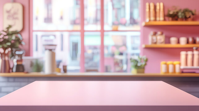 Cozy pink kitchen with a wooden table, colorful shelves, and a large window view. Ideal for home interior or culinary themes.