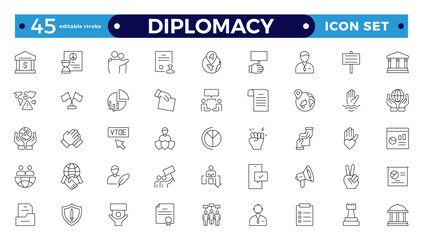 Diplomacy outline icon set with comprises spoken, written communication, leader, diplomats, international system and foreign policy. Editable stroke outline icon.
