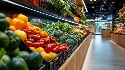 Vibrant Grocery Produce Aisle with Fresh Fruits and Vegetables.