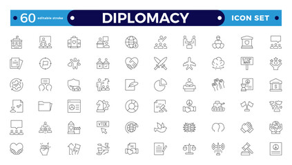 Diplomacy outline icon set with comprises spoken, written communication, leader, diplomats, international system and foreign policy. Editable stroke outline icon.

