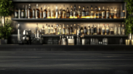 Fototapeta premium Elegant bar interior with a variety of bottles neatly arranged on shelves, creating an inviting ambiance for cocktails and relaxation.