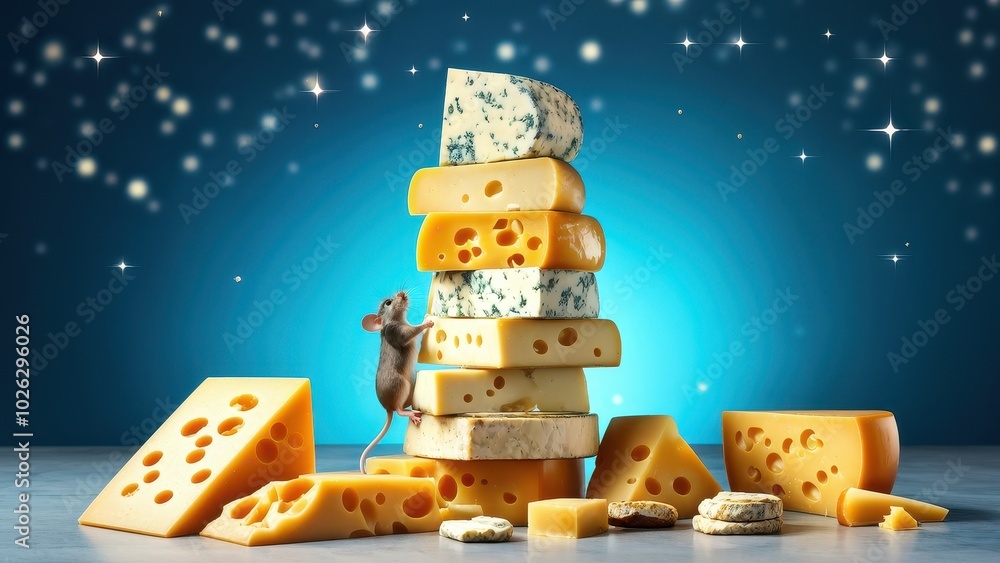 Poster a playful scene featuring a mouse climbing a tower of various cheese types against a starry backgrou