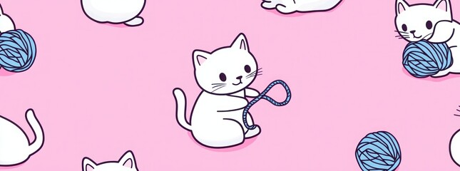 Cute white cartoon cats playing with yarn on pink background.