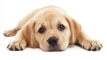 Cute golden labrador puppy laying on its stomach with big expressive eyes looking directly at the viewer on a transparent background