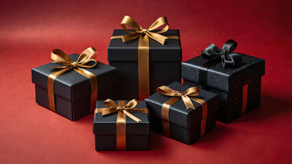 Black gift boxes with gold ribbon on red background. Elegant girly black and red gift boxes on red background. Christmas gift box. Black Friday sale concept