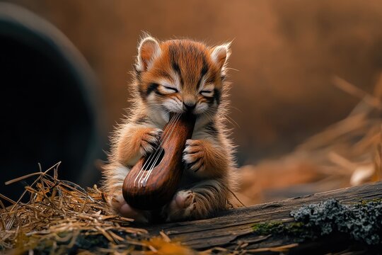 Whimsical Kitten Plays Accordion in Enchanted Forest Setting.