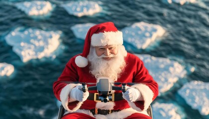 Santa Claus rides a scooter above icebergs, spreading holiday cheer and joy in a unique winter setting.