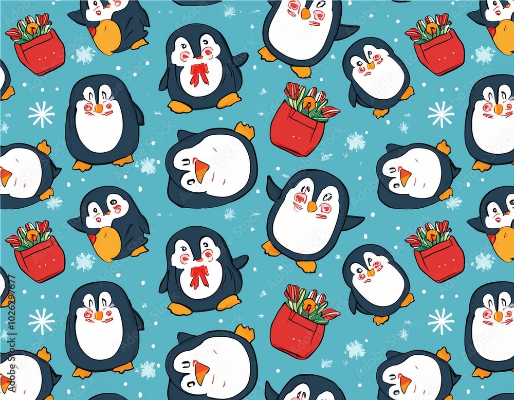 Wall mural cute penguin cartoon seamless pattern