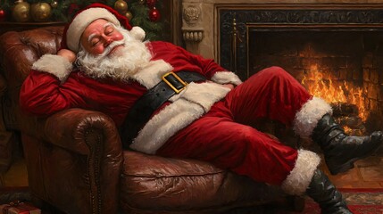 A cozy scene featuring Santa Claus relaxing beside a warm fireplace, perfect for festive holiday themes and cheerful celebrations.