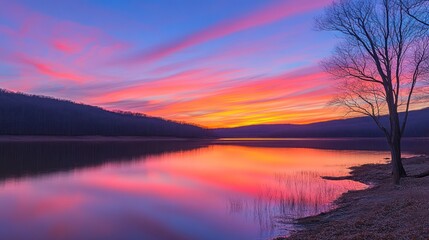 A vibrant sunset sky is reflected in the still waters of a lake, creating a breathtaking panorama. A lone tree stands silhouetted against the sky, its branches reaching towards the heavens.