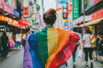 Obraz premium Pride celebration in vibrant urban street with rainbow flag