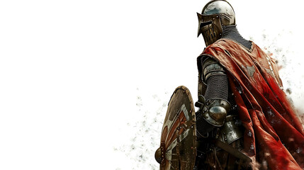 A medieval knight in full armor stands with his back to the camera.