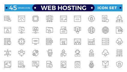 Web Hosting outline web icons set. Web hosting, server, CDN, VPN, domain, FTP, internet, backup, SSL, database and firewall. Editable stroke outline icon.
