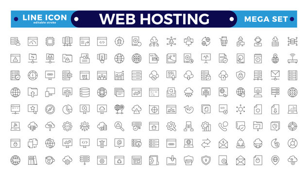 Web Hosting outline web icons set. Web hosting, server, CDN, VPN, domain, FTP, internet, backup, SSL, database and firewall. Editable stroke outline icon.
