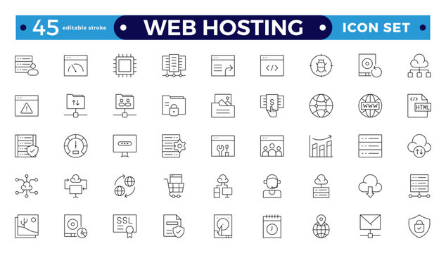 Web Hosting outline web icons set. Web hosting, server, CDN, VPN, domain, FTP, internet, backup, SSL, database and firewall. Editable stroke outline icon.
