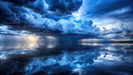 Obraz premium Moody sky background with dark blue clouds reflected on water